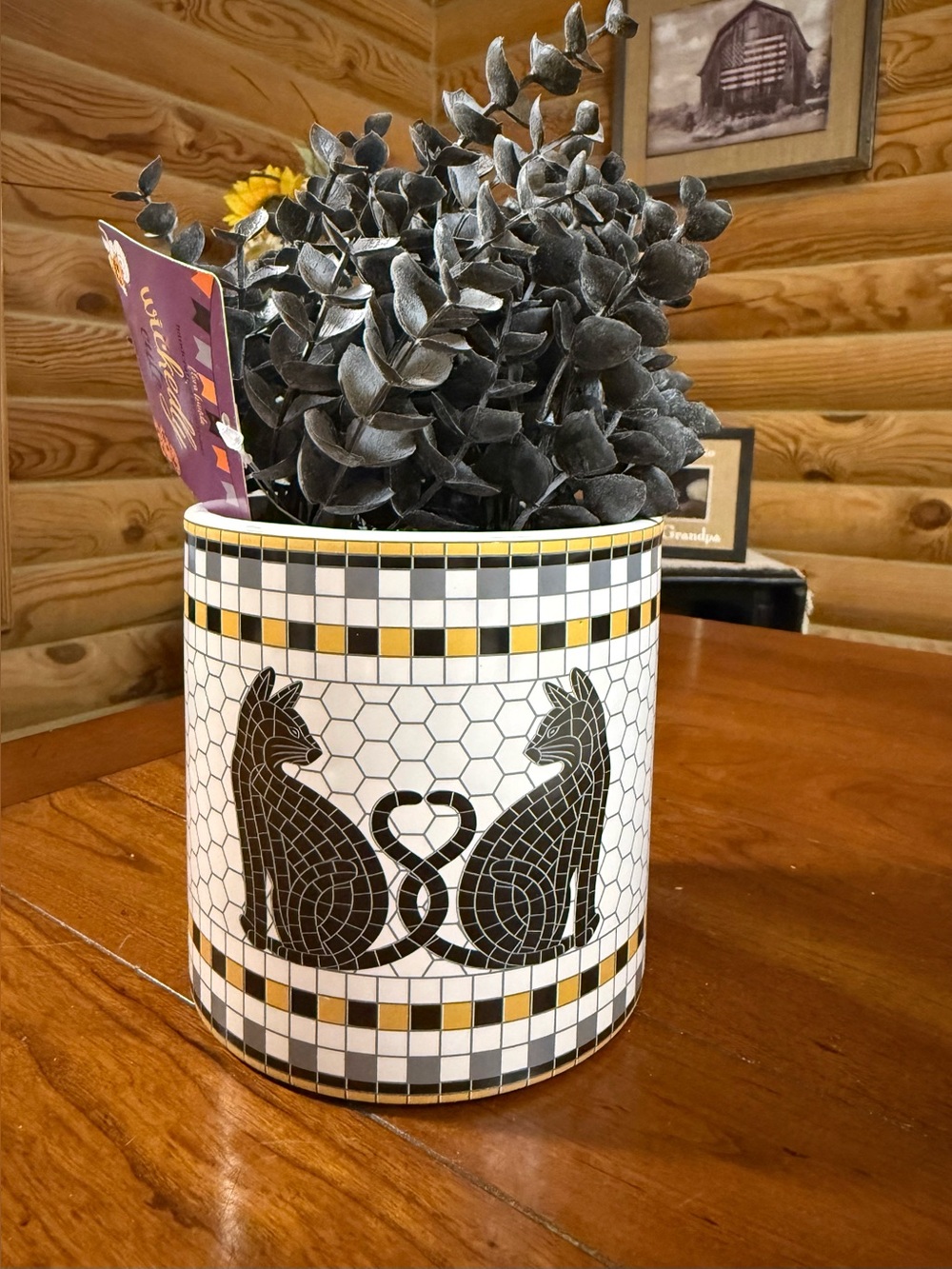 HALLOWEEN Black Cat Mosaic Ceramic Planter & Faux Plant